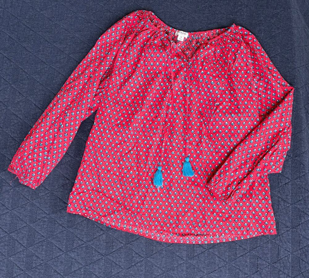 J.Crew Women's Red Printed Peasant Blouse Blue Tassels 3/4 Sleeve Size M